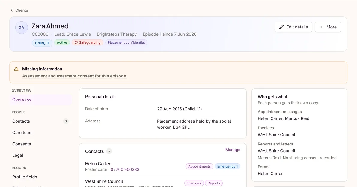 A client file showing who gets which messages and invoices, with a missing consent warning