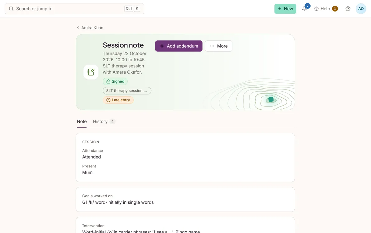 A signed session note, with the goal worked on, the intervention and the response
