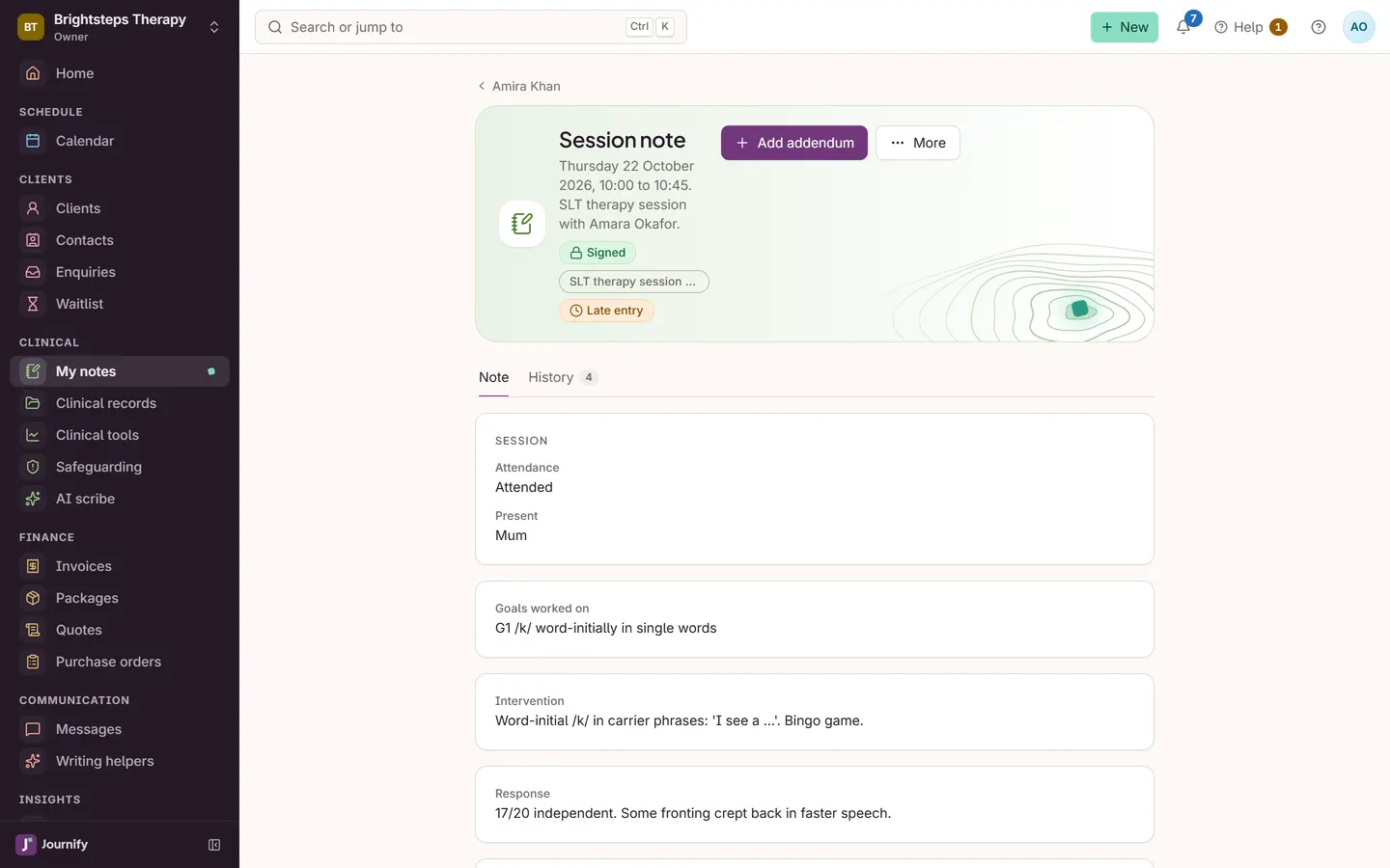 A signed session note in Journify, with the goal worked on, the intervention and the response