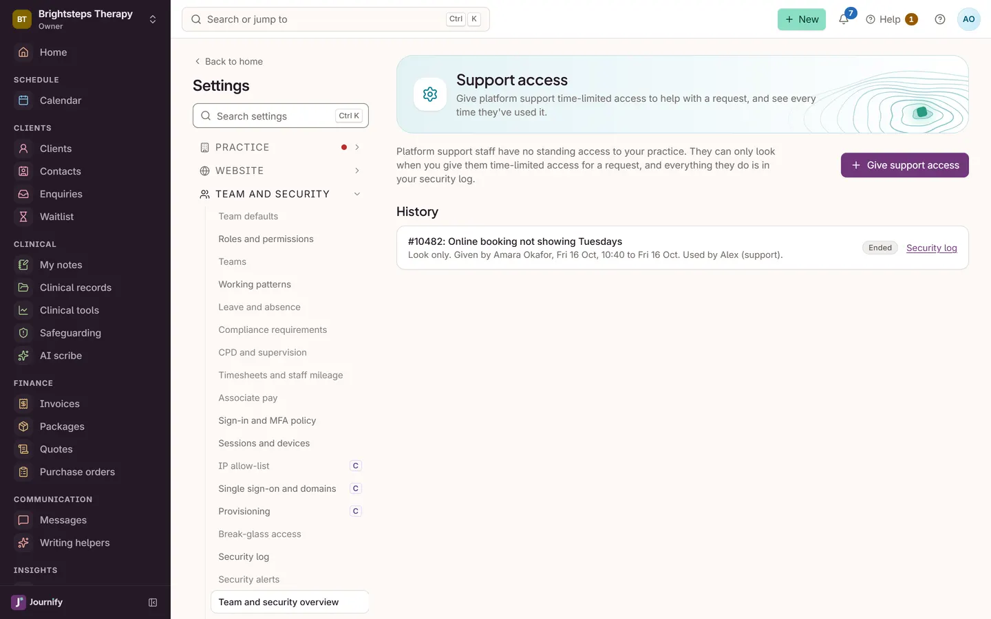 The support access settings, where a practice gives our support team time-limited access and sees the history of every grant